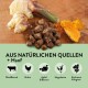 Ingwerwurzel, Kurkuma und Haustierfutterpellets auf Holz, mit "AUS NATÜRLICHEN QUELLEN + Hanf" und Symbolen für Rind, Huhn, Apfel und Beeren.