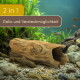 Hohles Treibholz-Aquariendekor mit Pleco und kleinen Fischen auf Kies; Text '2 in 1' und 'Deko und Versteckmöglichkeit'