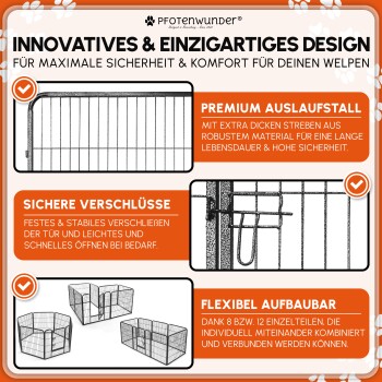 Schwarze und graue Pfotenabdruck-Haustiermatte in einem Metall-Haustierkäfig mit einer Broschüre, die einen Hund und deutschen Text auf Gras zeigt.