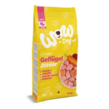Gelber Wow Dog Beutel mit Aufdruck ‚Geflügel Junior‘, zeigt Stücke Geflügel und Karotte, Pfotenabdrücke, ‚Made in Austria‘, 6 kg