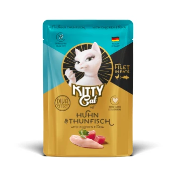 Kitty Cat Katzenfutterbeutel mit Huhn und Thunfisch, getreidefrei, extra Taurin, hergestellt in Deutschland, Filet in Pastete.