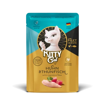 Kitty Cat Katzenfutterbeutel mit Huhn und Thunfisch, getreidefrei, extra Taurin, hergestellt in Deutschland, Filet in Pastete.