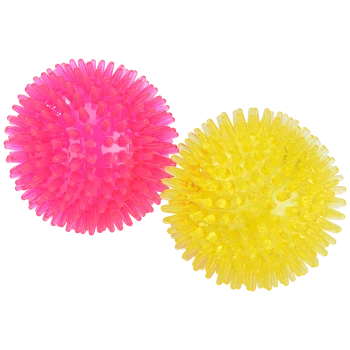 Two spiky pet toys, one bright pink and one vibrant yellow, designed for dogs or cats, displayed side by side.
