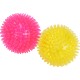 Two spiky pet toys, one bright pink and one vibrant yellow, designed for dogs or cats, displayed side by side.