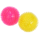 Two spiky pet toys, one bright pink and one vibrant yellow, designed for dogs or cats, displayed side by side.
