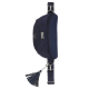 Marineblauer Hundekotbeutelhalter mit Reißverschluss, mit Quaste und Logo-Patch, entworfen für Tierbesitzer unterwegs.