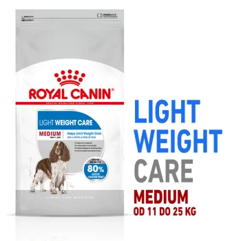 Torba z jedzeniem dla psów Royal Canin Light Weight Care, oznaczona dla psów średniej wielkości (11-25 kg), promująca zarządzanie wagą z napisem '80% osiągnęło zdrowszą wagę.'