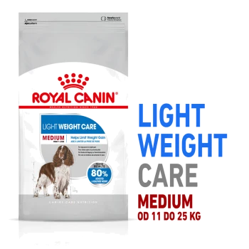 Torba z jedzeniem dla psów Royal Canin Light Weight Care, oznaczona dla psów średniej wielkości (11-25 kg), promująca zarządzanie wagą z napisem '80% osiągnęło zdrowszą wagę.'