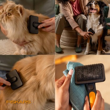 Fiskars-Slicker-Bürste bürstet eine langhaarige orange Katze und einen schwarz-weißen Hund, die Bürste ist mit Haaren gefüllt.