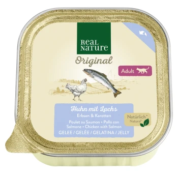 Real Nature Original pet food packaging featuring "Huhn mit Lachs" (Chicken with Salmon), with peas and carrots, labeled for adult cats.