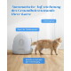 Katze neben weißem Katzenklo; deutscher Text über automatische Aufzeichnung der Katzengesundheit und Beschriftungen: Toilettenbesuche, Zeit, Gewicht (vor/nach).