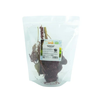 Amaranth Rot - getrocknet (Bund) Getrockneter roter Amaranth, verpackt in einer klaren Tüte mit einem Etikett, das Produktdetails und das Ablaufdatum zeigt, geeignet für Haustiere.