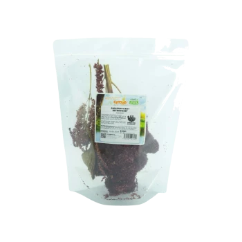 Getrockneter roter Amaranth, verpackt in einer klaren Tüte mit einem Etikett, das Produktdetails und das Ablaufdatum zeigt, geeignet für Haustiere.