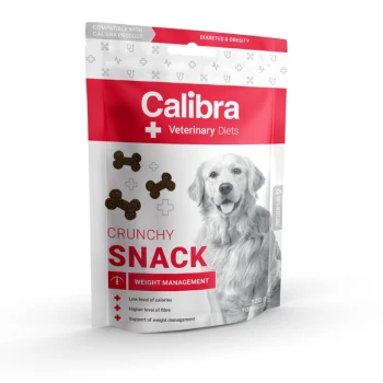 Calibra Veterinary Diets Crunchy Snack für Hunde, 120g Packung, mit einem Golden Retriever und knochenförmigen Leckereien; fördert das Gewichtsmanagement.