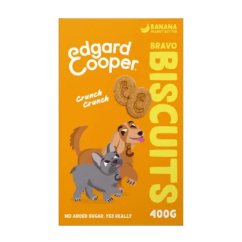 Edgard Cooper Bravo Biscuits packaging featuring a brown and gray cartoon dog on an orange background with "Crunch Crunch" and "No added sugar."