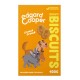 Edgard Cooper Bravo Biscuits Verpackung mit einem braunen und grauen Cartoon-Hund auf orangefarbenem Hintergrund mit "Crunch Crunch" und "Kein Zuckerzusatz."
