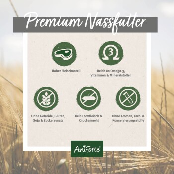 Anzeige für Aniforte Premium-Tiernahrung, die hohen Fleischanteil, Omega-3, Vitamine, Mineralien, glutenfrei, keine Füllstoffe und keine Zusatzstoffe hervorhebt.