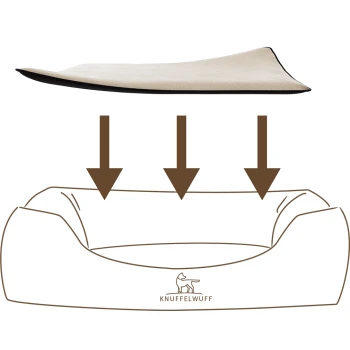 kuschelige Einlage Teddy für Hundebett Form: Classic weiß XL Ein beiges Haustierbett mit einer abnehmbaren oberen Schicht, mit einer Illustration, die zeigt, wie man das Bett komprimiert. Die Marke "KNUFFELWUFF" ist sichtbar.