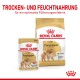 Verpackung für Royal Canin Pomeranian Hundefutter, mit einem Beutel für Nassfutter (85g) und einem Beutel für Trockenfutter, mit Text, der optimale Ernährung hervorhebt.
