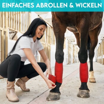Eine Frau in einem weißen Shirt und schwarzen Leggings wickelt rote Bandagen um die Beine eines braunen Pferdes in einem Stall. Text oben sagt "EINFACHES ABROLLEN & WICKELN."
