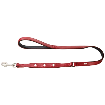 Rote Leder-Hundeleine mit schwarzem Innenfutter, mit weißen Kreuzdesigns und einem silbernen Clip an einem Ende.