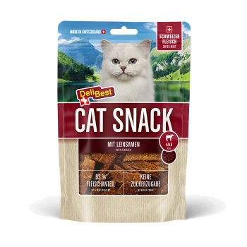 DeliBest Cat Snack-Tasche mit weißer Katze und Alpenszenerie; Beschriftung: 'CAT SNACK', 'MIT LEINSAMEN', 'KALB', 93% Fleischanteil.