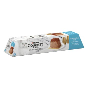 Boîte de 4 de Purina Gourmet Revelations montrant un chat blanc, de la mousseline sur une assiette, panneau bleu indiquant «Mousseline au Thon».