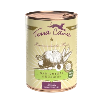 Eine Dose Terra Canis Hundefutter mit der Bezeichnung 'Gartentopf', die eine Mischung aus Garten-Gemüse und -Früchten zeigt, mit dem Hinweis auf 100% natürliche Zutaten.