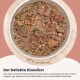 Eine Holzschüssel mit gefriergetrockneten Fleischstücken und Getreide, umgeben von Kartoffeln und Äpfeln. Text: "Einfach gesund", "Regionale Superfoods", "BPA-frei."
