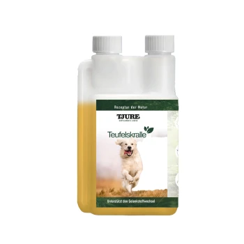 Flüssigkeitszusatzflasche mit der Aufschrift "Teufelskralle" für Hunde, mit einem laufenden Golden Retriever und dem Text "Unterstützt den Gelenkstoffwechsel."
