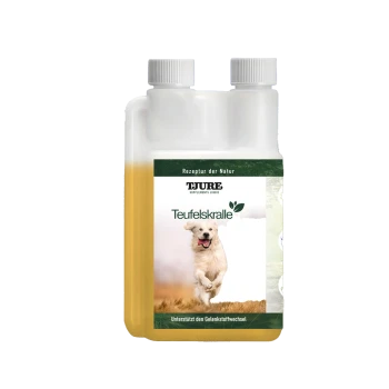 Flüssigkeitszusatzflasche mit der Aufschrift "Teufelskralle" für Hunde, mit einem laufenden Golden Retriever und dem Text "Unterstützt den Gelenkstoffwechsel."
