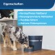 Ein Hund frisst aus einer Schüssel neben einem modernen automatischen Futterspender, der Funktionen hervorhebt: "Stau-frei", "Geplante Mahlzeiten", "Flexibles Füttern."