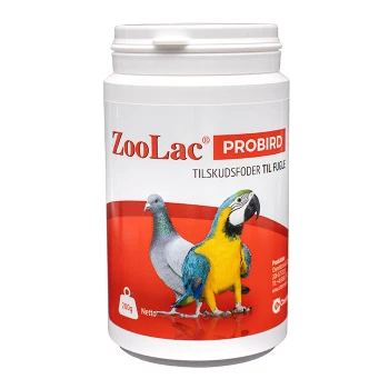 Behälter von ZooLac ProBird Vogelsupplement, mit einem bunten Papagei und einer Taube auf dem Etikett, mit den Aufschriften "200g" und "TILSKUDSFODER TIL FUGLE".