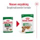 Royal Canin Mini Ageing hondenvoeding verpakking vergelijking, met nieuw ontwerp met 'S mini ageing' en 'Gewichtsbehoud' tekst.