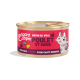 Canette de nourriture pour chat Edgard Cooper avec du poulet et de la dinde, étiquetée 'Morceaux en sauce pour chats seniors' avec une illustration de chat joueur.