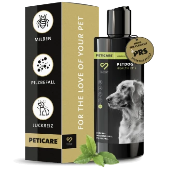 Flasche Petcare Petdog Health 2112 Shampoo für Hunde, mit einem Golden Retriever auf dem Etikett und einem Blatt an der Basis.