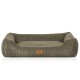 Olivgrünes Haustierbett mit gerippter Textur und erhöhten Seiten, mit einem kleinen braunen Etikett mit einem Hundesilhouette und dem Text "KNUFFERWUFF."