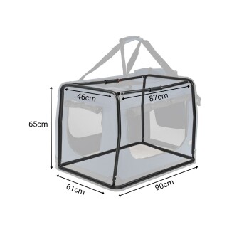 Blauer Haustierträger mit Netzfenstern und einem faltbaren Design, ausgestattet mit einer kleinen, angehängten Tasche zur Aufbewahrung.