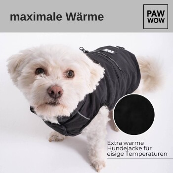Ein kleiner Hund trägt eine schwarze Winterjacke, mit dem Text "maximale Wärme" und "Extra warme Hundejacke für eisige Temperaturen."
