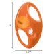 Orangenes KONG-Spielzeug, ovaler Doppelgriff-Ballhalter mit gelbem 'KONG'-Tennisball; Maßpfeile zeigen 9 Zoll × 5,25 Zoll.