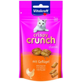 Crispy Crunch Katzenleckereien von Vitakraft, mit einer verspielten Katze auf einer pinken Verpackung, beschriftet mit 'mit Geflügel' und 'zuckerfreies Rezept'.