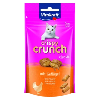 Friandises croustillantes pour chats Crispy Crunch de Vitakraft, présentant un chat joueur sur un emballage rose, étiqueté "avec de la volaille" et "recette sans sucre".