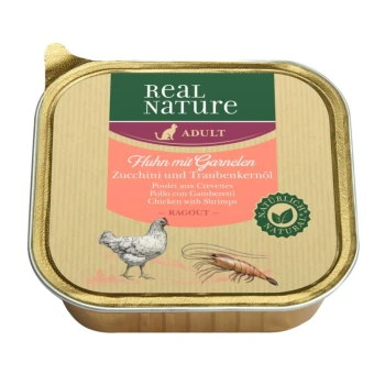 Real Nature Hundefutter "Huhn mit Garnelen" mit Illustrationen von Huhn und Garnelen, in Deutsch und Französisch.