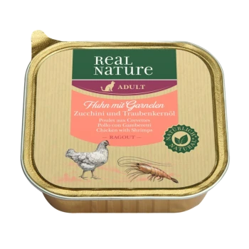 Real Nature Hundefutter "Huhn mit Garnelen" mit Illustrationen von Huhn und Garnelen, in Deutsch und Französisch.