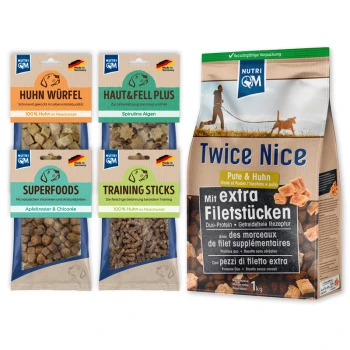 Haustierfutterprodukte: "Huhn Würfel," "Superfoods," "Haut & Fell Plus," "Training Sticks" und "Twice Nice" Hundefutter mit Truthahn und Huhn.