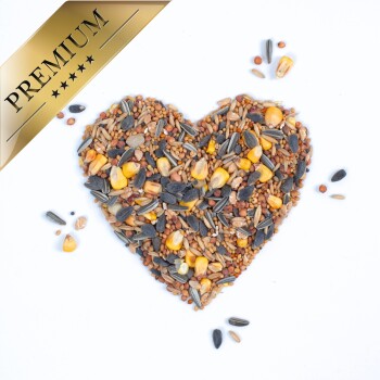 Herzförmige Anordnung verschiedener Samen, einschließlich Mais- und Sonnenblumenkerne, mit einem goldenen Banner 'PREMIUM' in der Ecke.