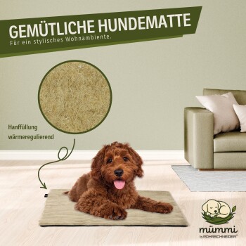 Brauner Hund liegt auf einer gemütlichen, mit Hanf gefüllten Hundematte in einem stilvollen Wohnzimmer, mit deutschem Text zur Wärmeregulierung.
