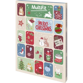Kartonowy kalendarz adwentowy MultiFit z napisem „Merry Christmas” na środku, ilustrowanymi, ponumerowanymi drzwiczkami przedstawiającymi zwierzęta, prezenty i ozdoby.