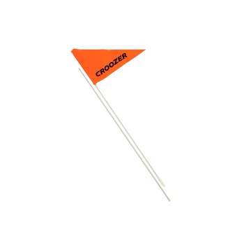 Orangefarbene dreieckige Flagge mit dem Wort "CROOZER" in Schwarz gedruckt, befestigt an zwei silbernen Stangen, entworfen für Haustieranhänger.