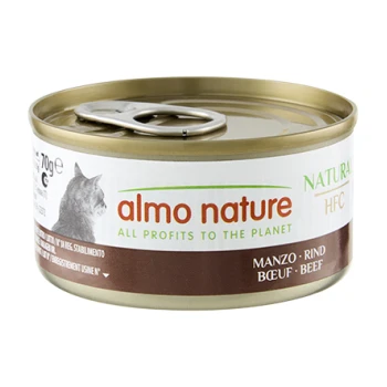 Boîte de nourriture humide pour chat Almo Nature 70 g avec languette ; étiquette 'almo nature' 'TOUS LES PROFITS POUR LA PLANÈTE' ; bœuf.